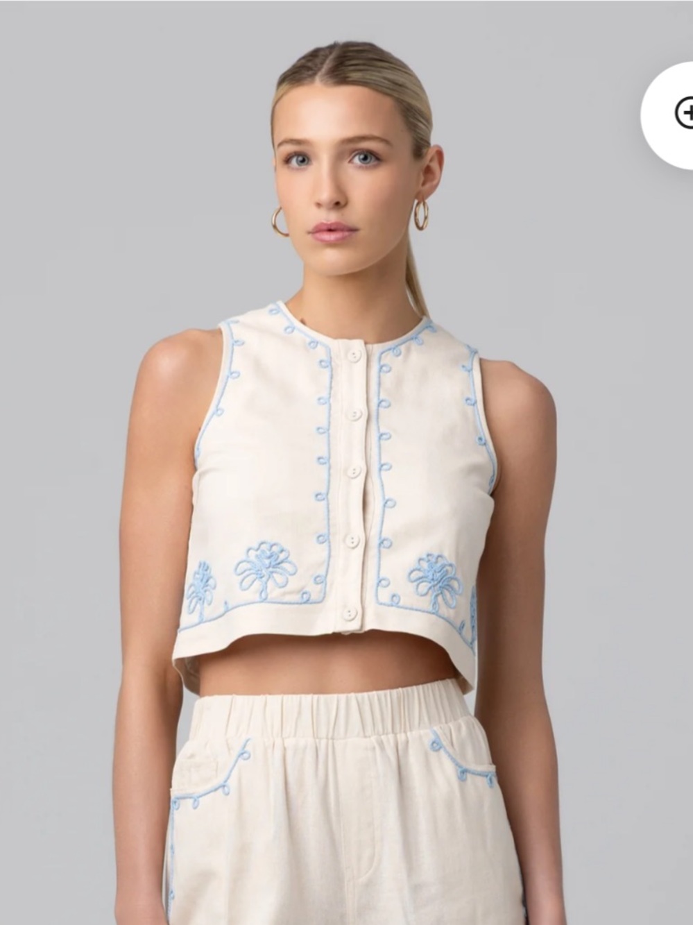 Blank NYC Cream Cropped Vest & Shorts Set with Light Blue Embroidery